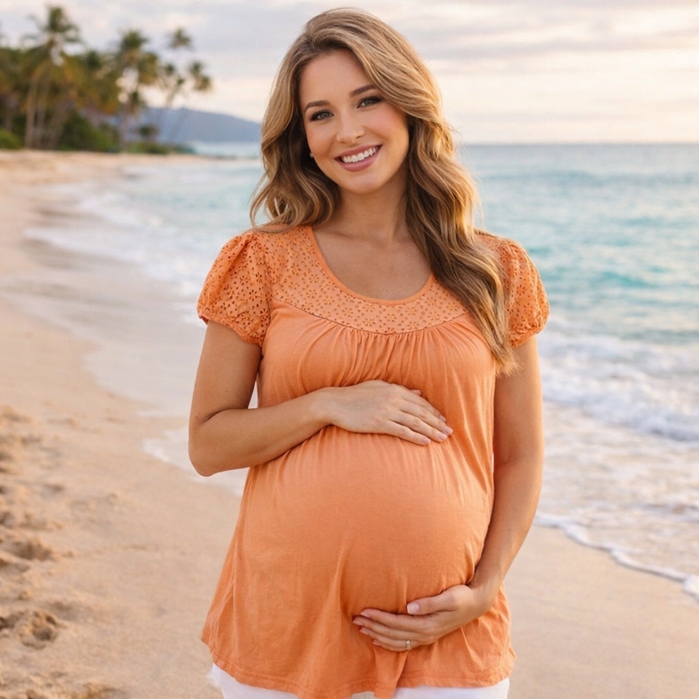 Motherhood Maternity Women's Orange Short Sleeve Pullover Top Eyelet Lace Beach